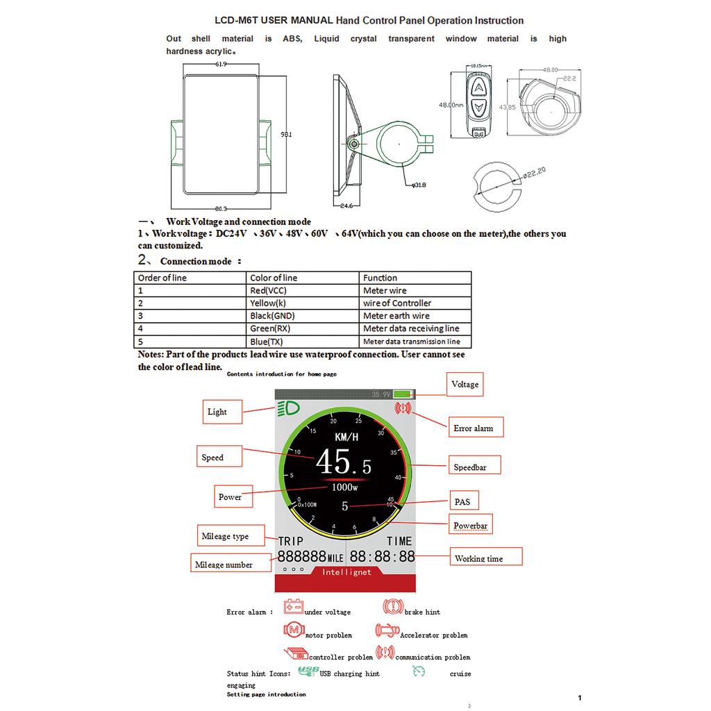 48/60V 50W M6T Electric Bicycle Brushless Motor Controller Kit with LCD Display Meter