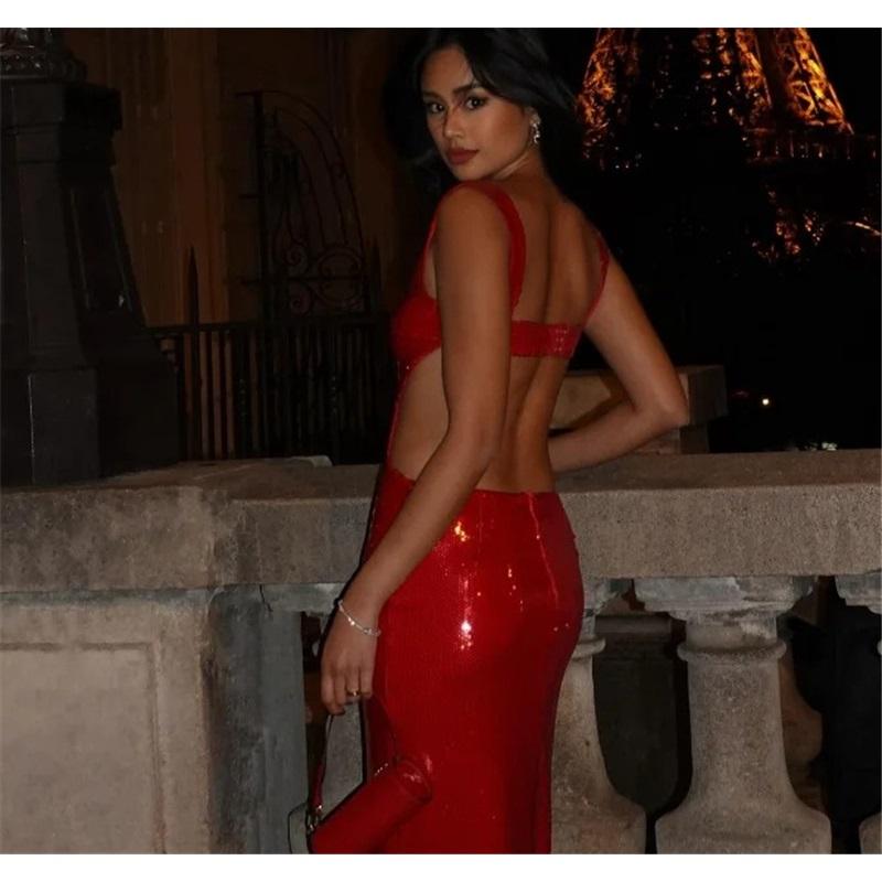 Women Sequin Spaghetti Strap Maxi Dress Backless Bodycon Long Evening Dress Glitter Slim Fit Party Gown For Prom Wedding Club