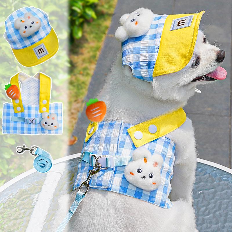 Cartoon Pet Harness Leash Sun Hat Set Cute Kitten Puppy Costume Cat Small Dogs Vest Harness Rope Cap Outdoor Supplies