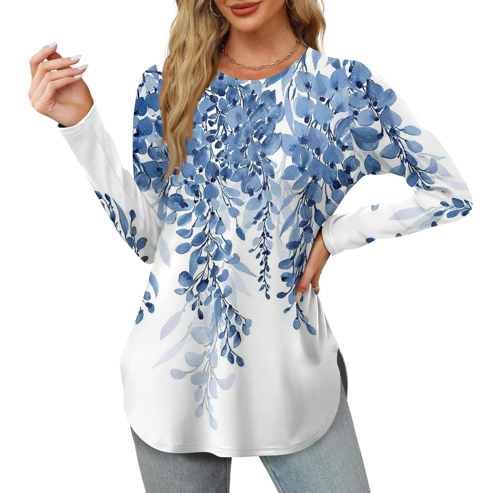 

Женские рубашки с длинным рукавом и круглым вырезом, базовые свободные туники с боковым разрезом, повседневные рубашки с цветочным принтом S