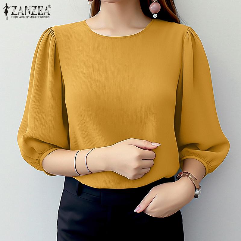 ZANZEA Womens Casual Round Neck Solid Color 3/4 Sleeve Blouse