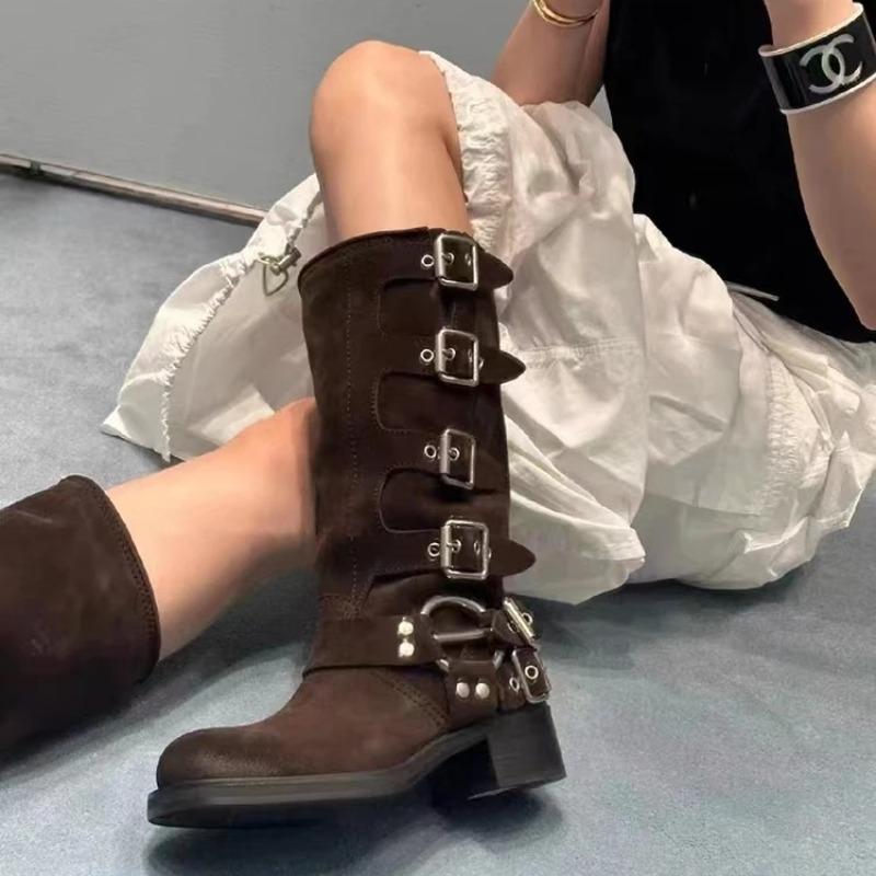 Fashion Luxury Women's Shoes High Quality Chunky Heel Buckle Vintage Motorcycle Boots Knee High Boots for Women Handmade Platform Boots