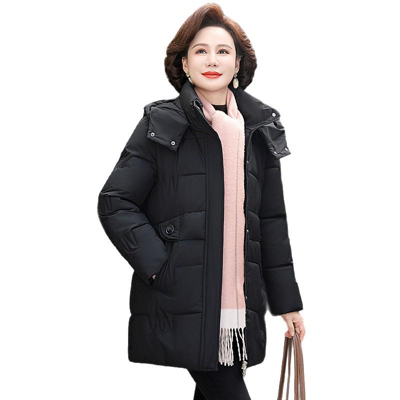 Mom's Hooded Mid-Length Down Jacket for Middle-Aged Women - Autumn/Winter Cotton Outerwear