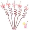 5Pcs Pink Bow Straw Curved Drink Reusable Glitter Straw Home Birthday Party Cocktail Wedding Tea Decorations Cute Supplies