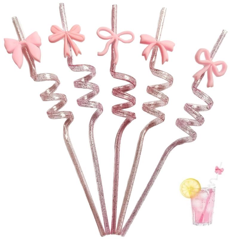 5Pcs Pink Bow Straw Curved Drink Reusable Glitter Straw Home Birthday Party Cocktail Wedding Tea Decorations Cute Supplies