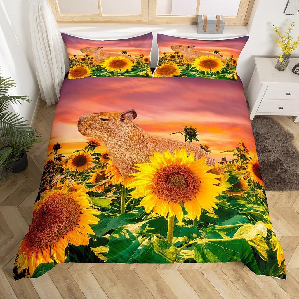 3D Capybara Duvet Cover For Capybara Lovers,Cute Funny Capybara Comforter Cover,Natural Theme Kawaii Rodent Animal Bedding Set