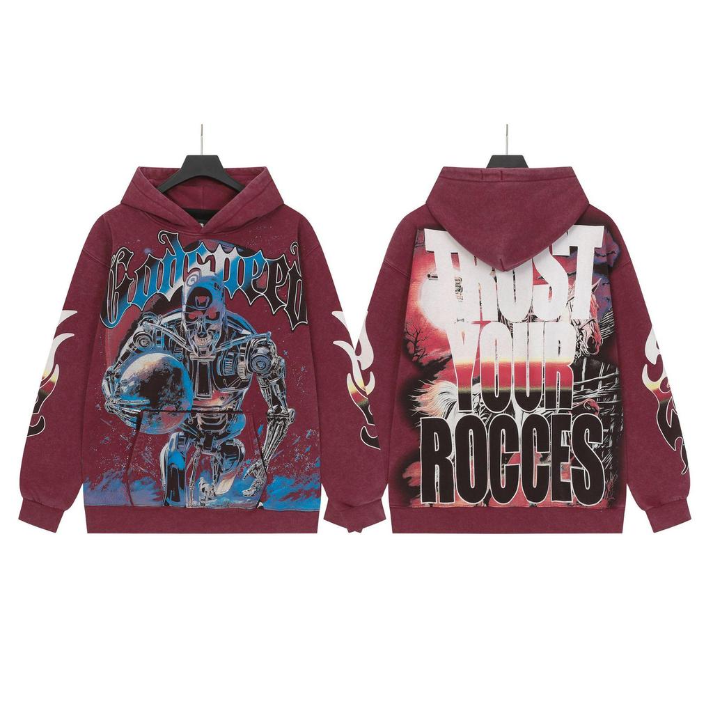 God Bless America Retro Rock Street Print Washed Hoodie - Casual Loose Fit