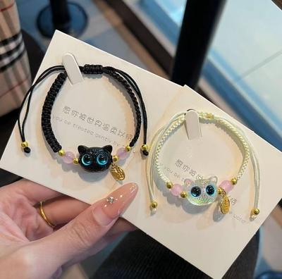 Handmade Lucky FU Blue Big Eye Black Cat Bracelets for Couples Women Men Cartoon Animal Braided Bracelets Set Jewelry Gifts