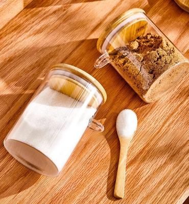 280ml Snoeppot met bamboe deksel En Lepel 10oz Transparante Glazen Bulk Voedsel Bewaarpot Voor Koffiebonen Thee Korrels Gedroogde Vruchten