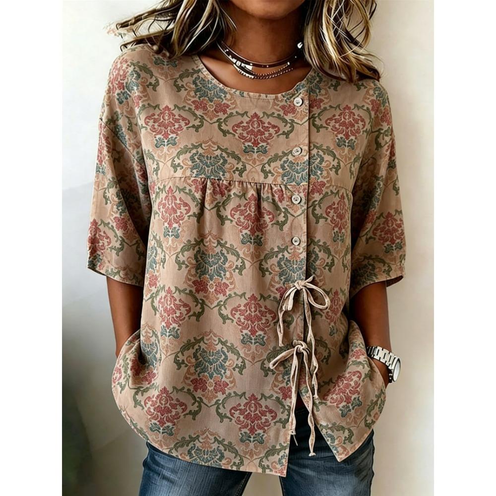Women's Vintage Damask Floral Print Drawstring Button Up Blouse, Casual Round Neck Tops for Spring Summer Daily Vacation Wear
