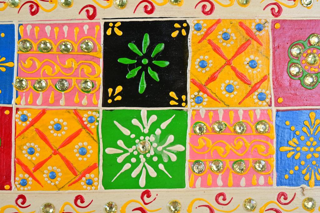 Indian Folk Art Mirror Work Wood Wall Panel: Hand-Painted Ethnic Decor