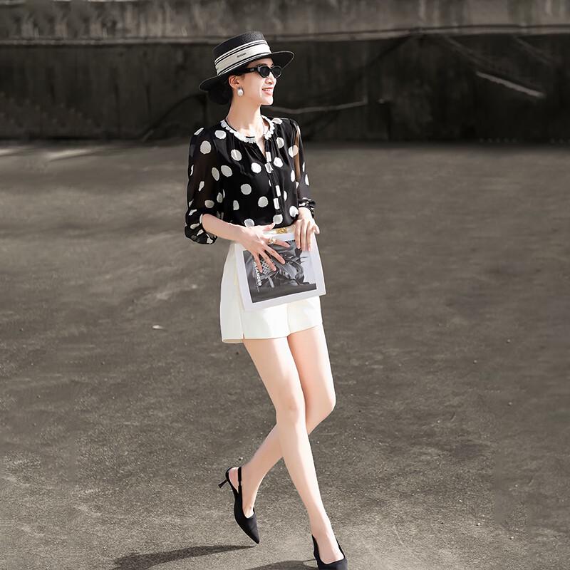 Elegant French Style Polka Dot Three-Quarter Sleeve Blouse