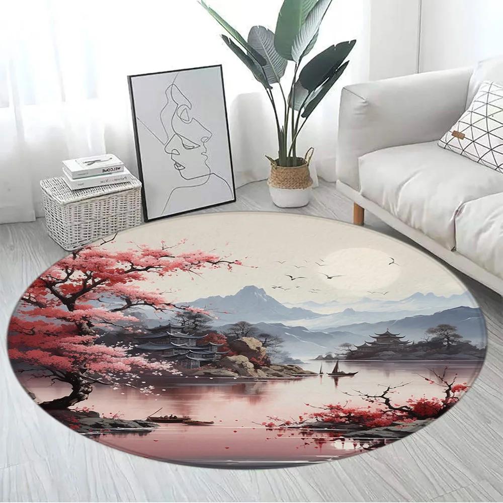 Japanese Style Round Carpet Mountain Cherry Blossom Koi Octopus Lotus Sea Waves Ink Art Living Room Home Decor Mats Floor Rugs