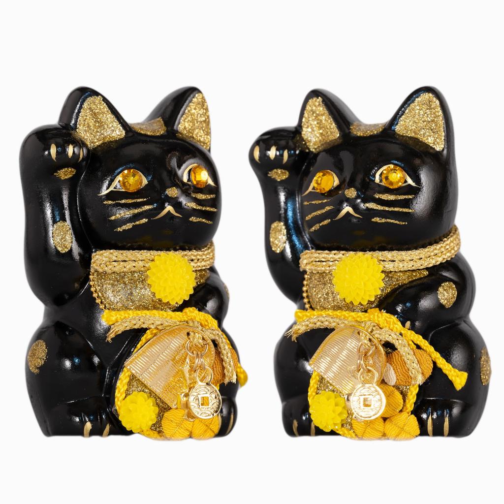 Lucky Cat Maneki Neko Right Paw Lucky Cat Maneki Neko Feng Shui Figurine with Offering Box (Lucky Cat) (S-SIZE Black) Raised/Ceramic (Lucky Cat) (fa_S