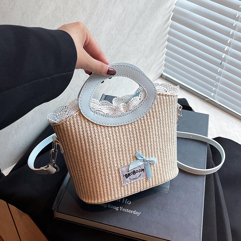 Sweet bow woven bag women's new trendy fashion literary portable vegetable basket bag messenger bag