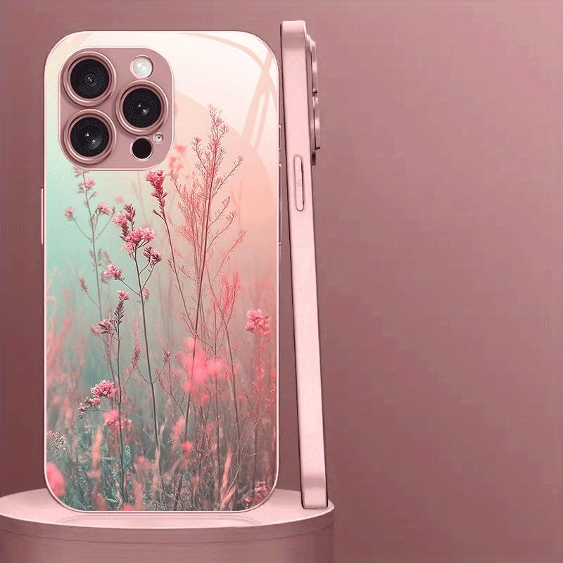 Elegantes Rosa Blumenmuster Rosa Metallic Lack Glas Handyhülle Für iPhone 17 16 15 14 13 12 11 Pro Max Plus 16E 17Air Hülle