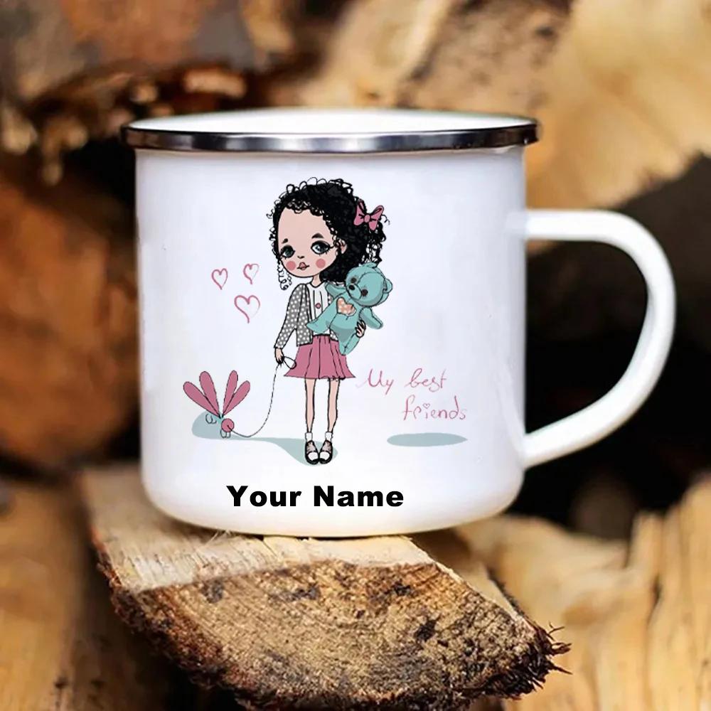 Customized My Best Friend Enamel Mug, Coffee Cup with Printed Name, Personalized Gifts, Cute Bear, Original Mugs, Girl
