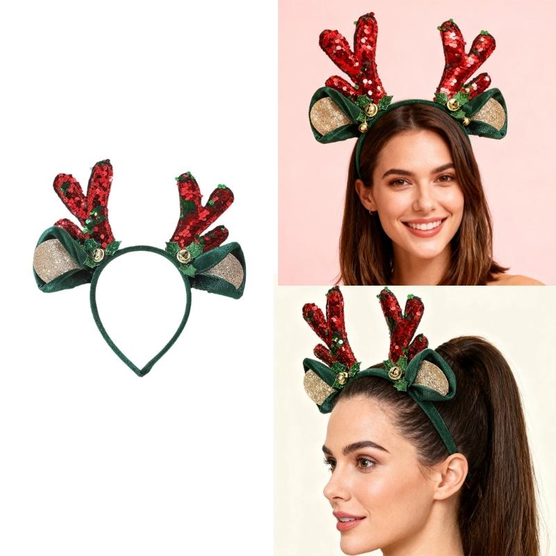 Christmas Sequined Reindeer Antler Bells Hairband Soft Fabric Headpiece For Kids Adults Holiday Party Accessory