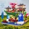 Fairy Pavilion Cherry Blossom Treehouse with Peach Blossom Pond - Creative Ancient Style Building Block Ornament, Handmade Assembly Scene.