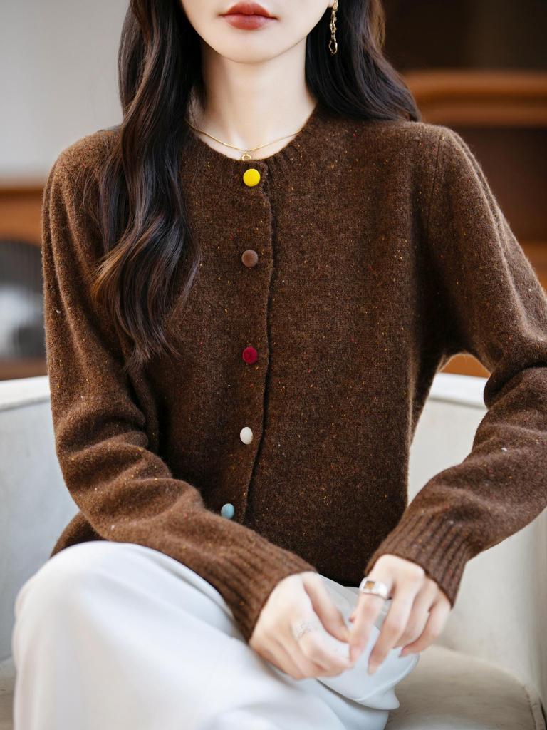 Women's Heavyweight Wool Cardigan with Colorful Buttons and Dot Yarn - Warm Autumn Winter Outerwear Sweater Coat
