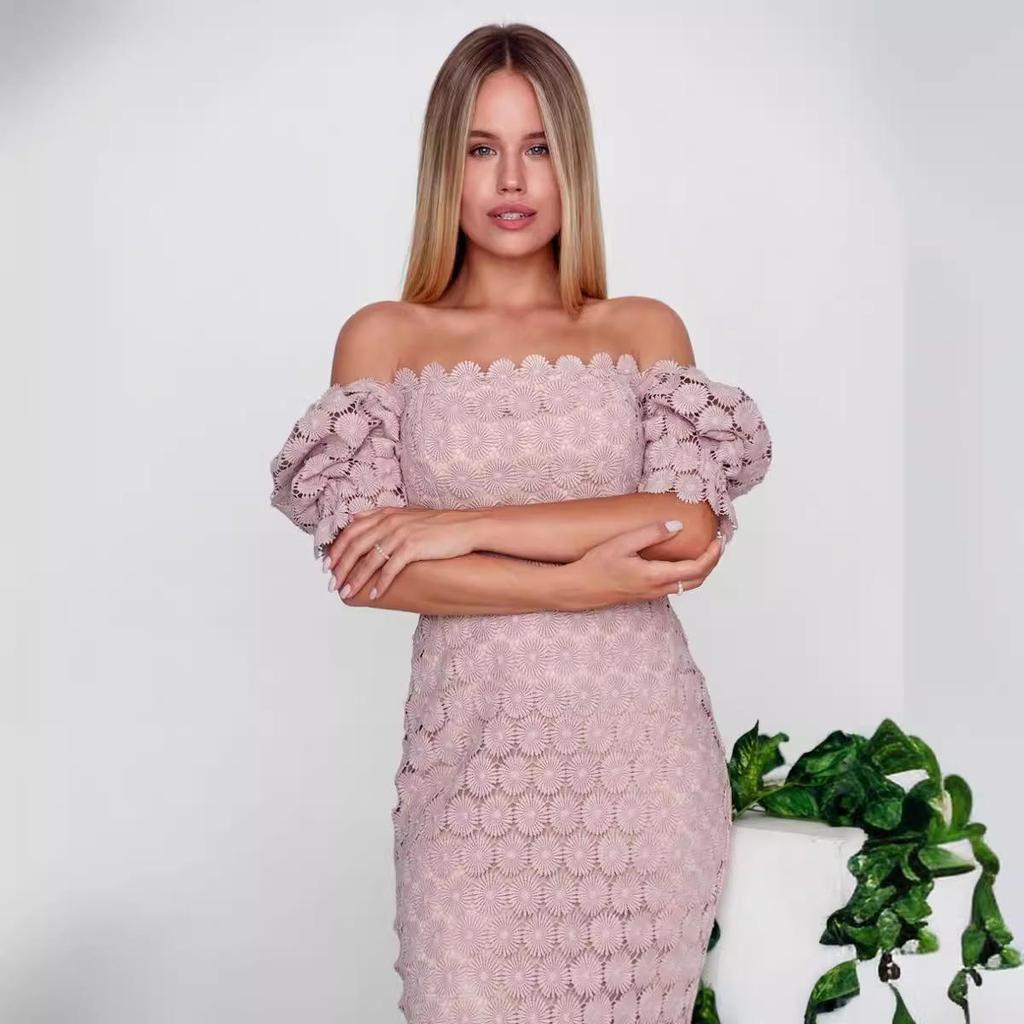 2022 Lace Midi Dress: Elegant, Solid Color, Mid-Waist, Bandeau, Three Colors Available