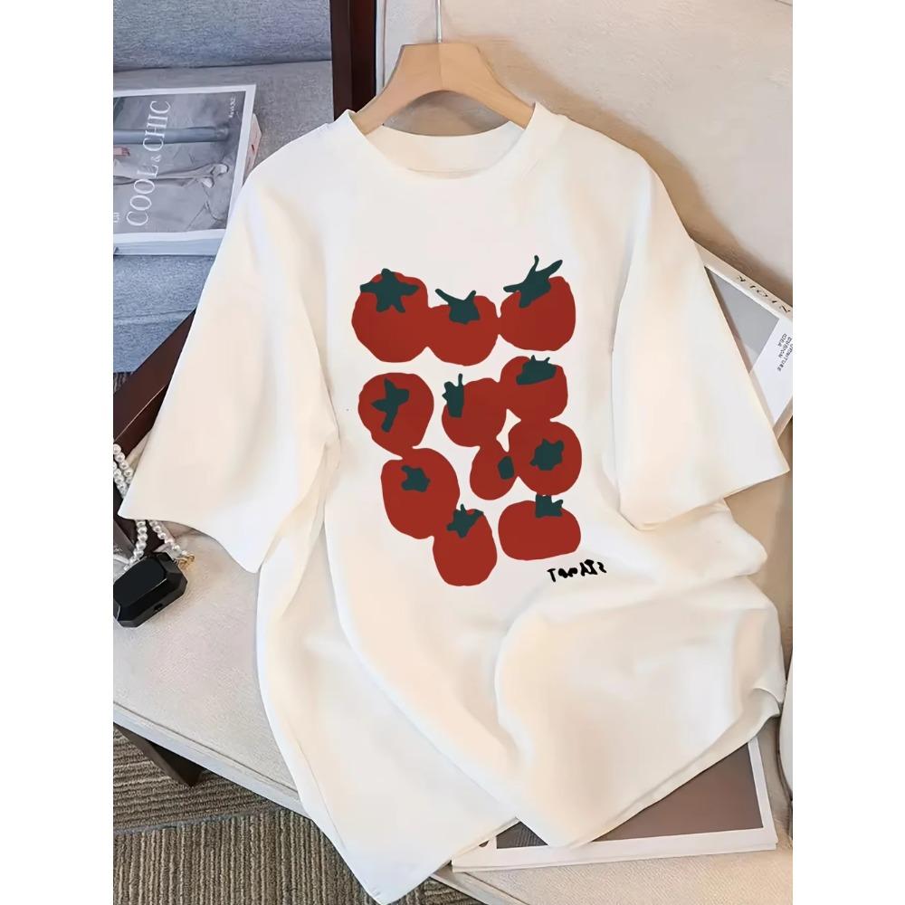 

Cute Tomato Print Cotton T-Shirt Women Men Short Sleeve Tee Natural Fruit Graphic Top Kawaii Casual Summer Tshirt Friendly Gift S