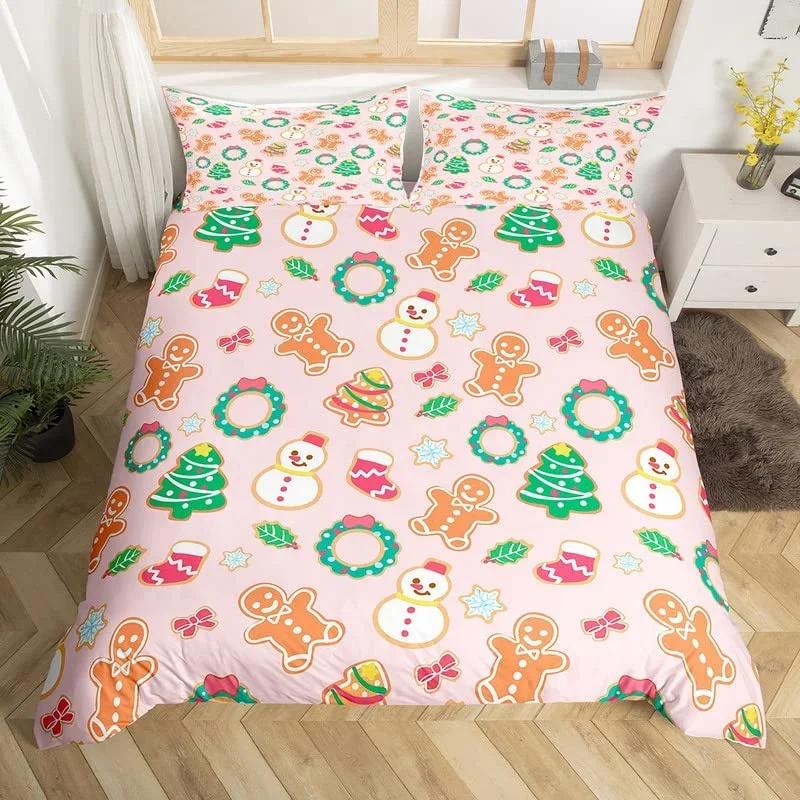 

Christmas Gingerbread Man Duvet Cover Set Vintage Wooden Board Queen Bedding Set Polyester Snow Graffiti Pattern Comforter Cover EU Single(135*200cm)3pcs
