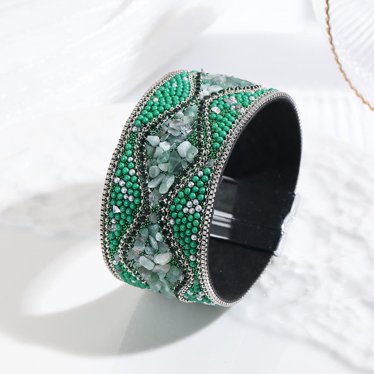 

Трансграничный богемный кожаный браслет из драгоценных камней и дробленого камня для женщин с магнитной застежкой из нержавеющей стали