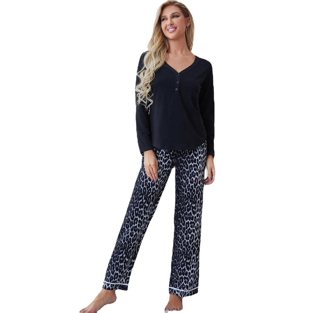 Costum Homewear Toamnă și Iarnă Decolteu în V Pantaloni cu mâneci lungi cu imprimeu leopard Pijamale Costume de dormit pentru femei