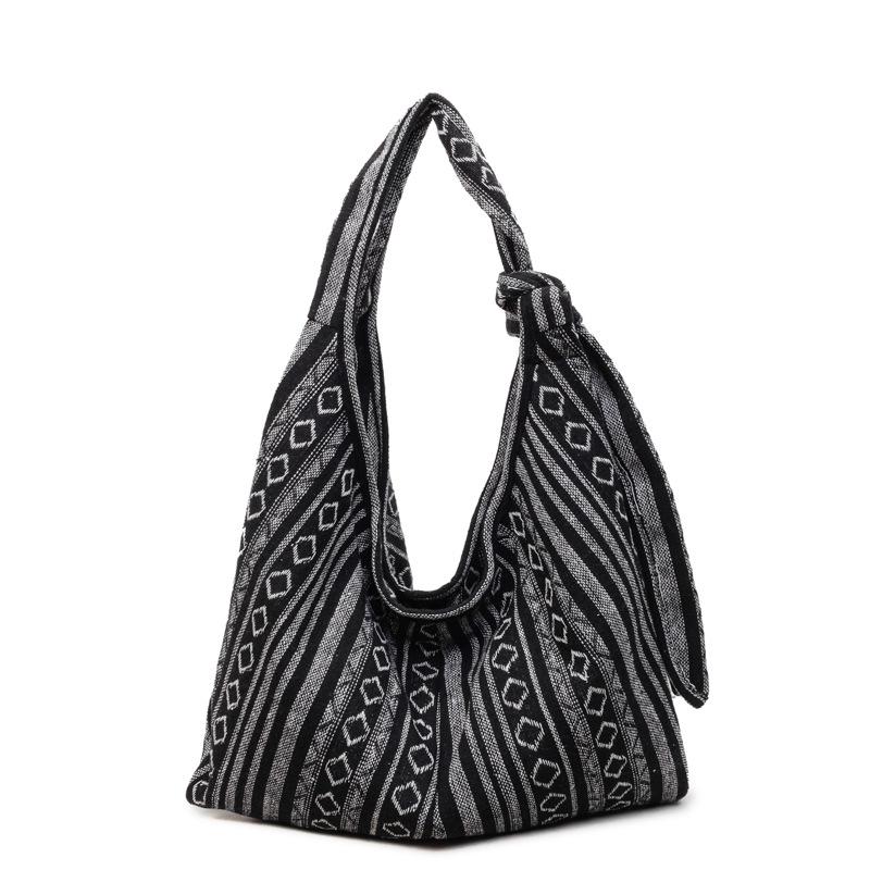 

Lazy ethnic style vintage tote bag, large capacity commuter shoulder bag, embroidered striped travel crossbody bag