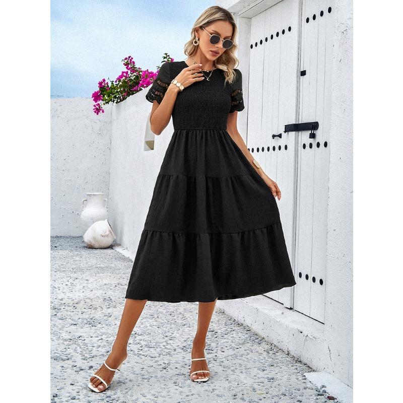 Spring and Summer Solid Color Temperament Hollow Out Dress