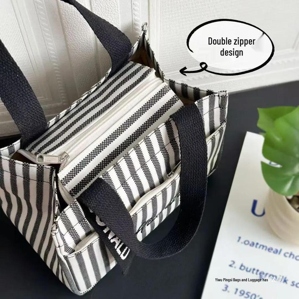 Striped Canvas Tote Bag with Zippered Outer Pocket – Versatile, Large-Capacity Bag for Women As Lunch, Mummy, or Work Bag