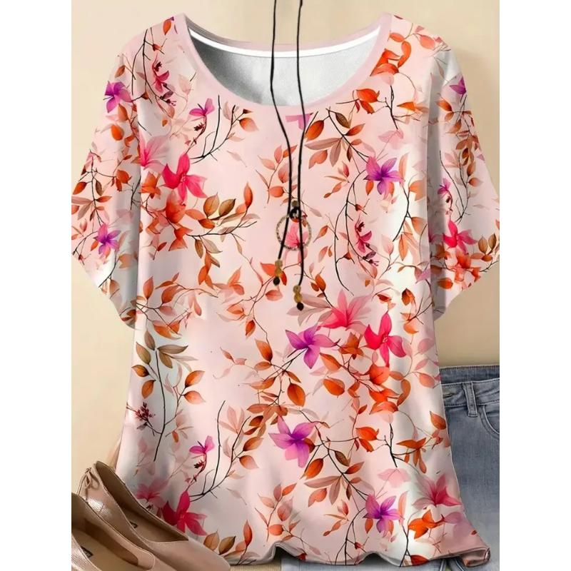 Comfortable Tee Fashion Women's Flower Short Sleeve 3D Flower Color Printing Crew Neck T-Shirt Tops
