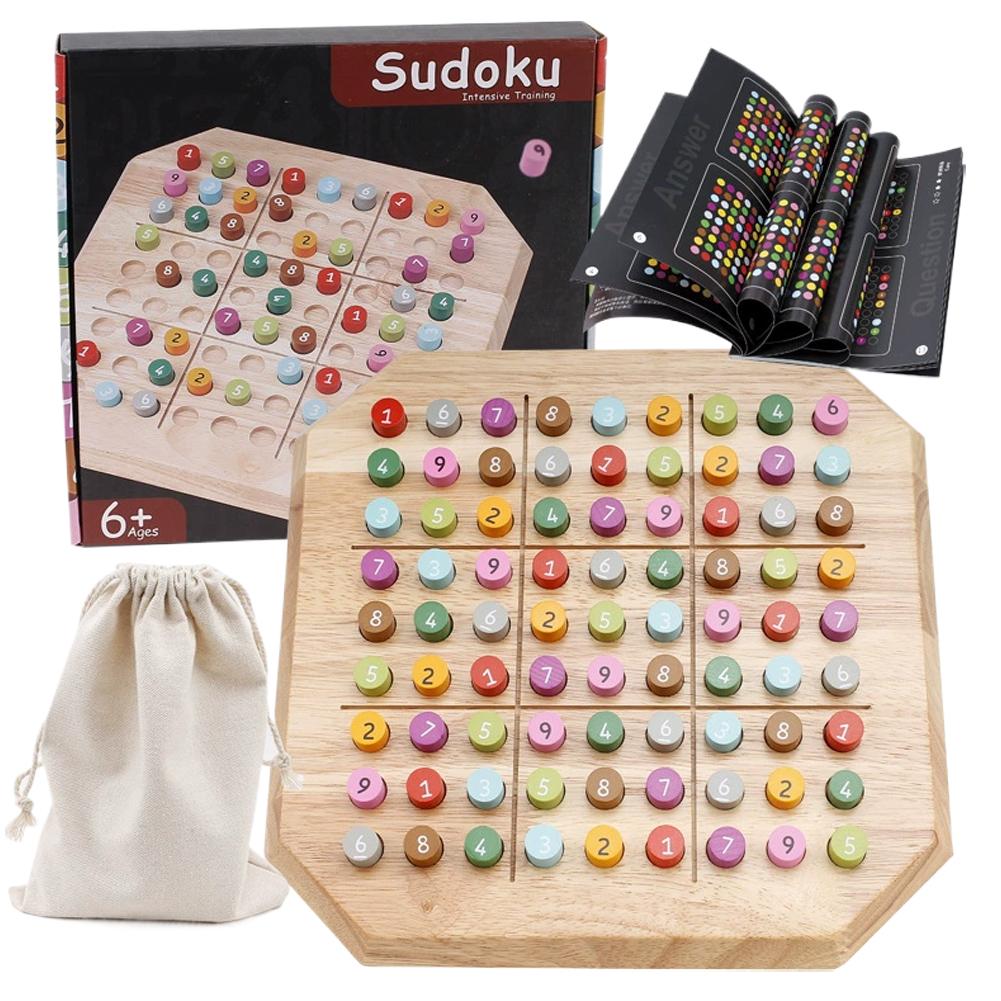 9×9 Wooden Sudoku Puzzle Board Game Dual-Sided Color & Number Logic Game 48 Progressive Puzzles With Answer Key