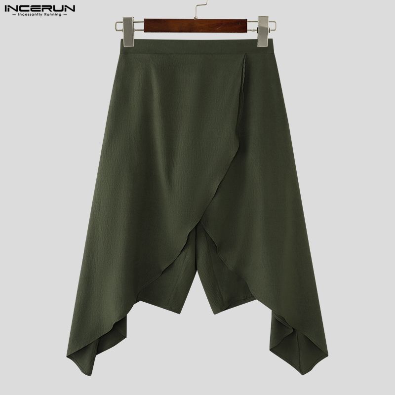 INCERUN Men Elastic Waist Irregular Layers Casual Loose Half Cuffed Pants