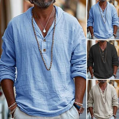 Herren Baumwollmischung Hemd Langarm Revers Hemd Einfarbig Casual Strand