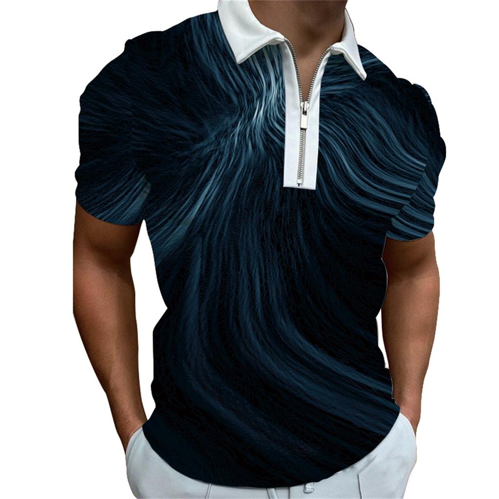 Spring and summer zipper men's short sleeved casual polo shirt men's fashion printed collar