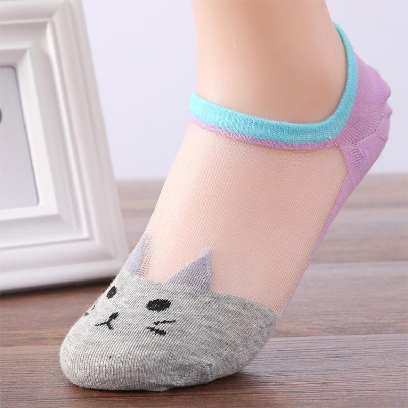 5 Pairs of Ladies Summer Cute Little Cat Transparent Shallow Mouth Ice Silk Lace Invisible Boat Socks
