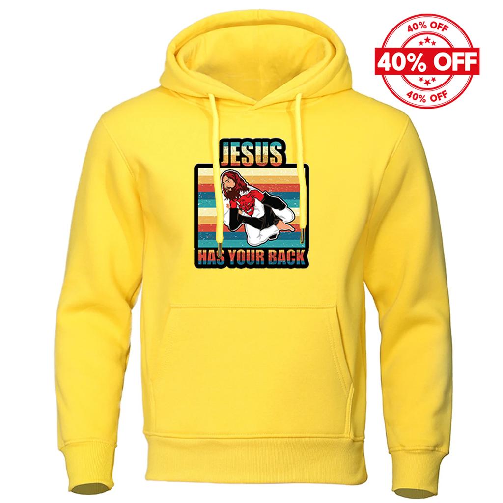 2025 Spring And Autumn Man's Solid Color Popular Coat Jesus Has Your Back Jiu Jitsu Retro Christian Logo Print Pullover Hoodies