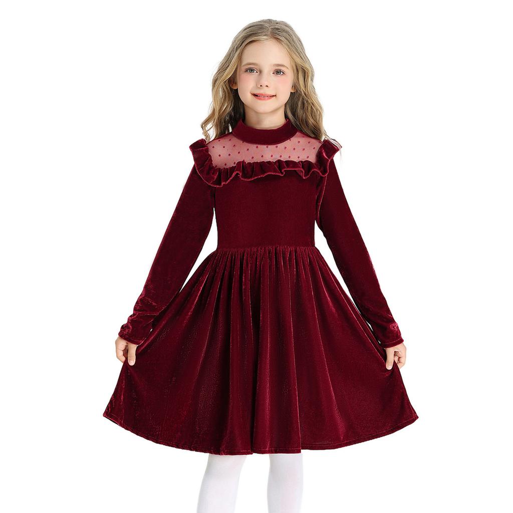 Girls' Fashion Cute Solid Color Ruffled Long-Sleeve Princess Christmas Party Performance Dress Tulle Gown