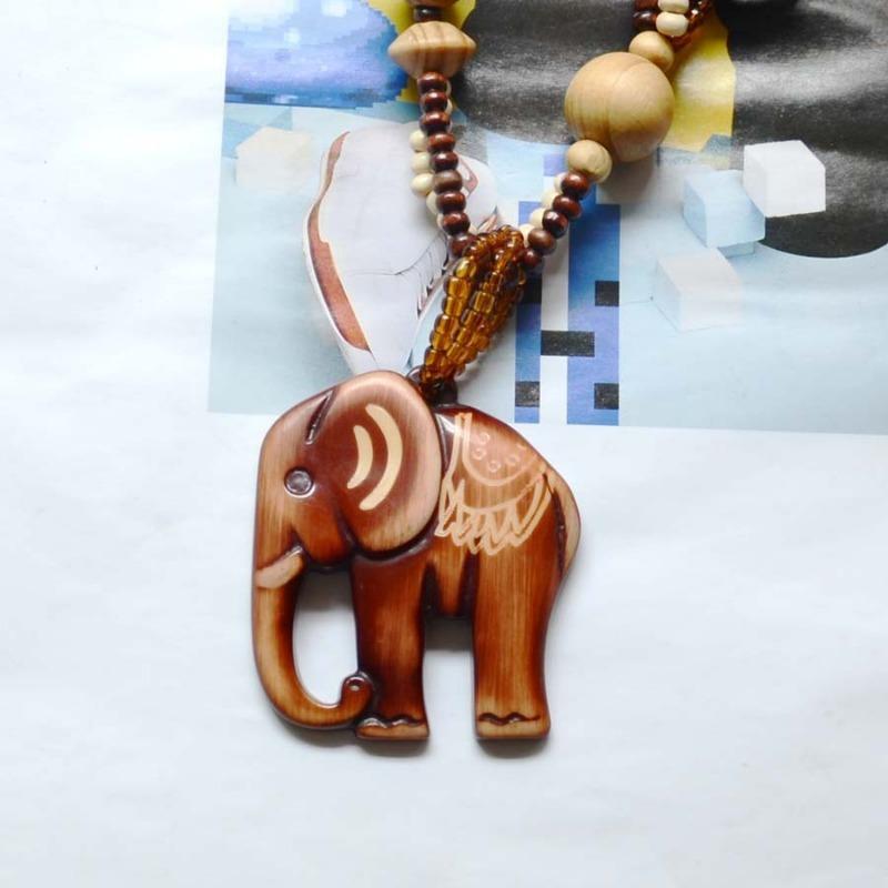 Kalung Resin Kayu Bohemian Wanita Gaya Etnis Retro Gajah Manik-manik Gantungan Sweater Rantai Aksesori Ledakan