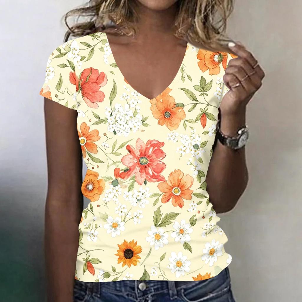 Damen V-Ausschnitt Kurzarm Blumenprint T-Shirt Lässiges Lockeres Oberteil Leichtes Weiches Gewebe Bequemes Design für den Täglichen Gebrauch