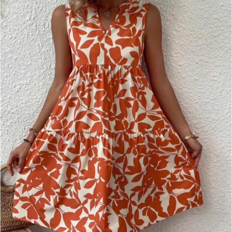 Fashion Bohemian Dress Women Printed V Loose Pleated Neck