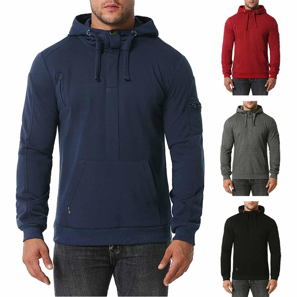 Pánská plus sametová mikina přes hlavu na zip s dlouhým rukávem a kapucí