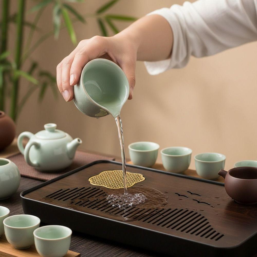 Mountain Bird Pattern Bamboo Drain Tea Tray Rectangular Water Storage Tea Tray Easy To Clean