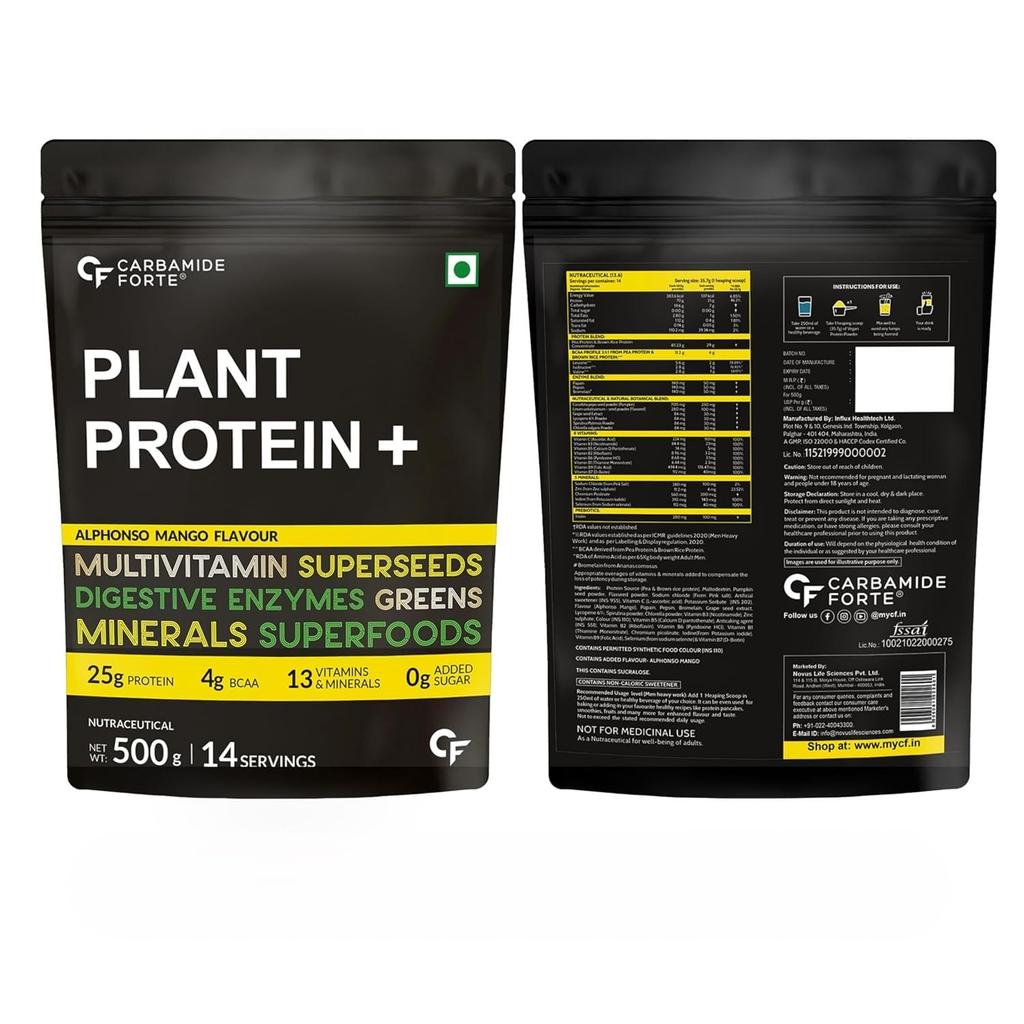Carbamide Forte Vegan Protein Powder 500g - Plant Based Mango Protein with Multivitamins & Digestive Enzymes