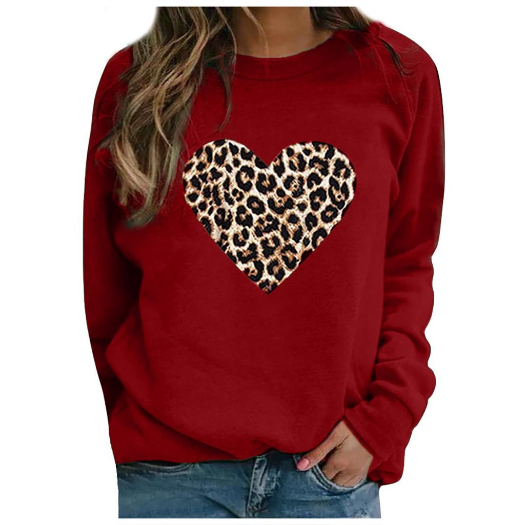 Women Casual Fashion Leopard Print Love Hoodless Plus Long-sleeved Sweater Top