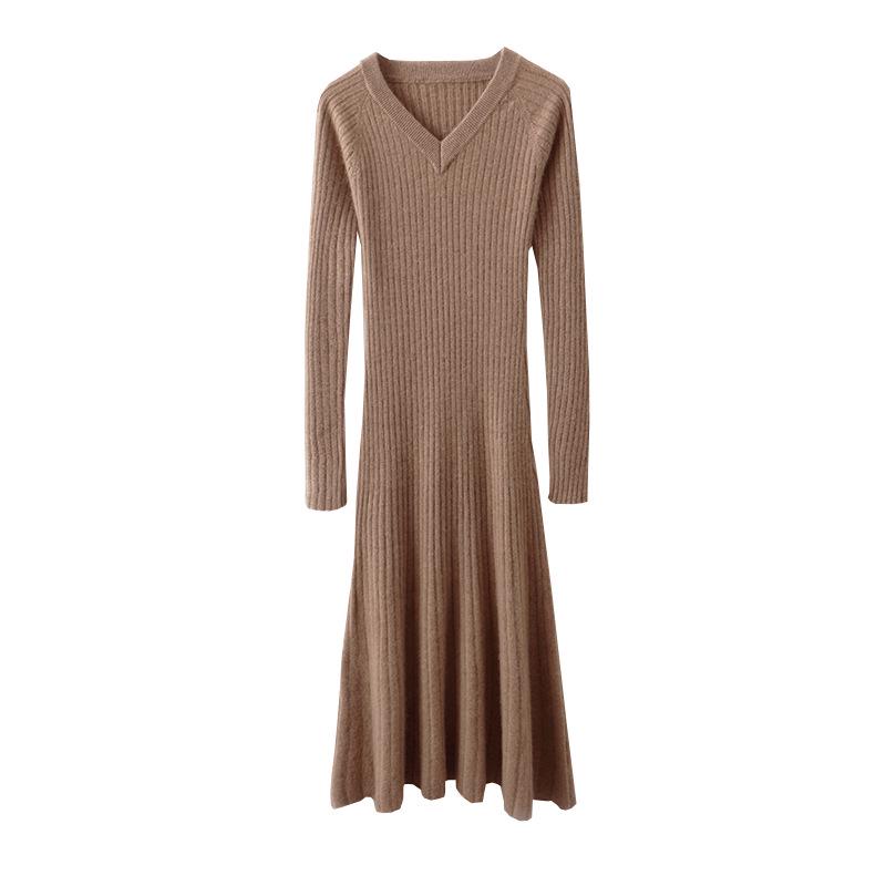 Women's Slim Fit Knee-Length V-Neck Wool Dress with Knit Cashmere Coat