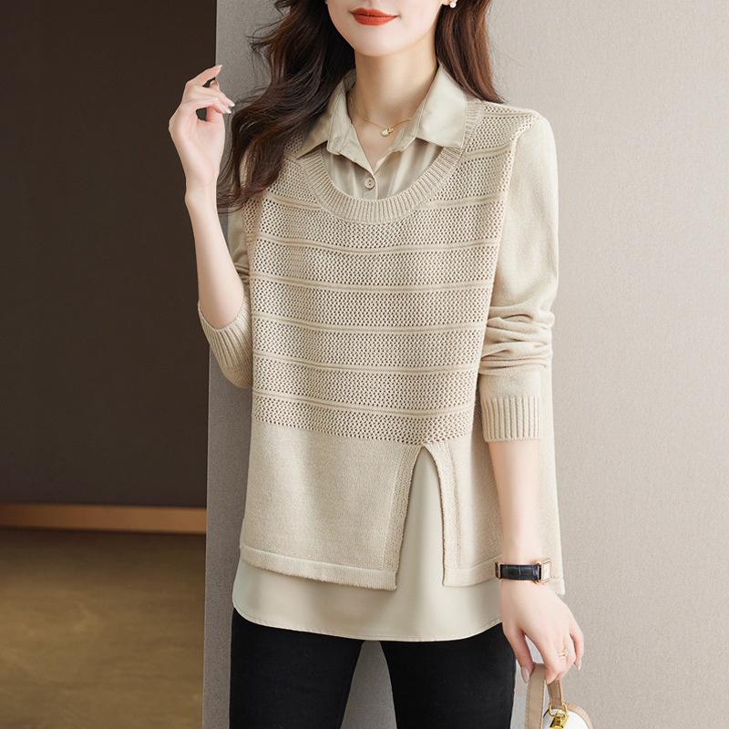 Korean Fake Two-piece Shirt Knitted Women's Spring Autumn Fashion Loose Sweater Bottoming Shirt Female Knitwear Tops