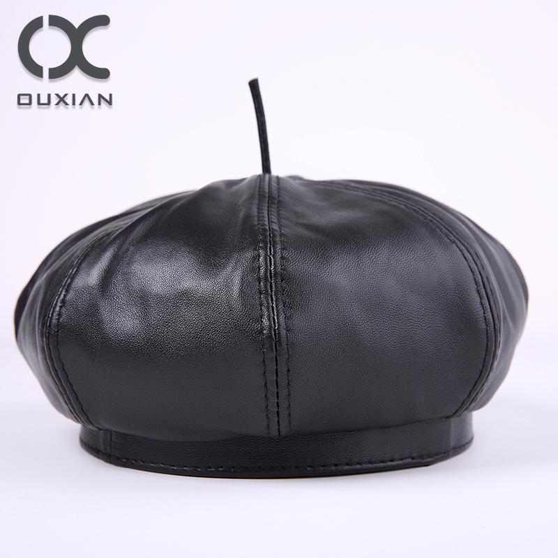 Women's Genuine Sheepskin Octagonal Beret - Korean-Style Celebrity Leather Hat for Autumn/Winter